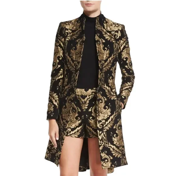 Alice‎ + Olivia Black Gold Brocade Jacquard Collarless Long Jacket Coat XS - Picture 2 of 9